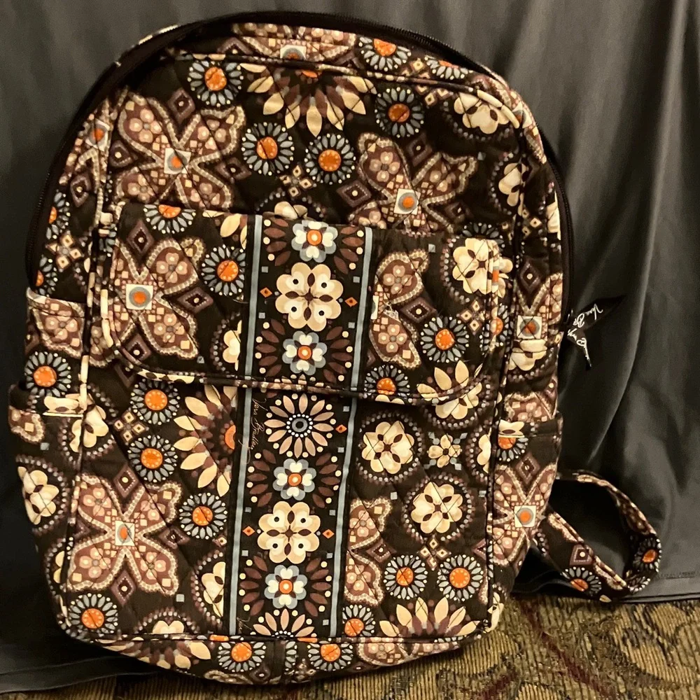 Vera Bradley Brown Floral Quilted Backpack with Orange and Cream Accents - Picture 1 of 8